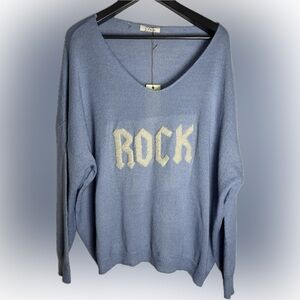 Elan Women's V-Neck Sweater in Blue with Rock' Design